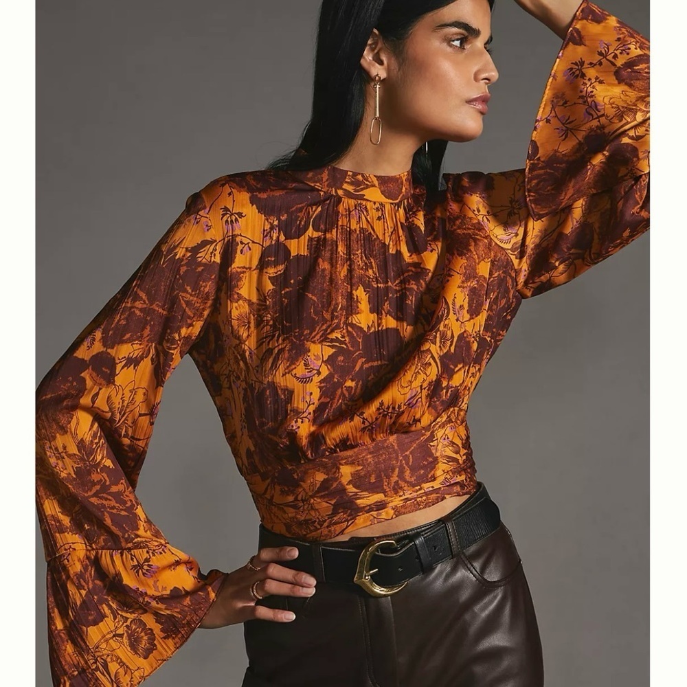 Anthropologie Floral Bell Sleeve Blouse Orange High Neck Crop Sheer Back Flowy